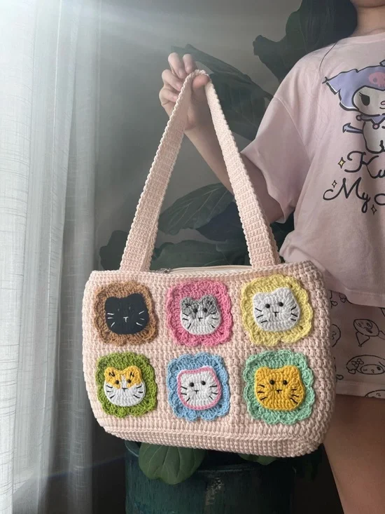 Crocheted Cat Face Tote Bag in Soft Pink with Multicolor Accents - Picture 3 of 5